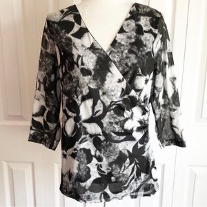 Coldwater Creek Black & White Floral V-Neck Wrap Blouse